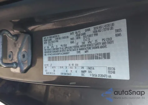 2015 Ford Escape Se z USA, uszkodzony, nr VIN 1FMCU0GX6FUC86857